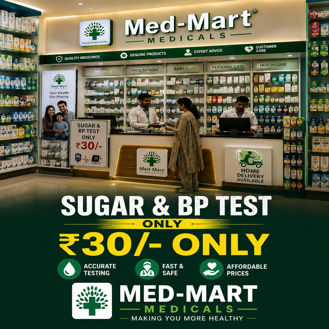 Supplied Med-Mart Medicals Sugar & BP Test creative — Only ₹30